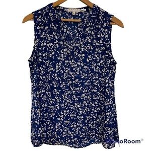 Chaus New York Blue Floral Leaf V-neck Navy Blouse Medium